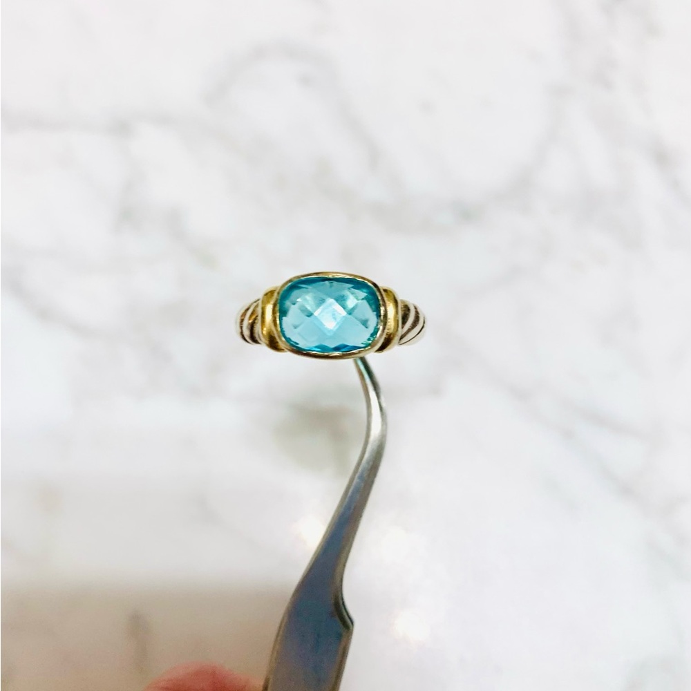 925 Sterling Silver Two Tone 10x8mm Natural Blue Topaz Ring Size 7
